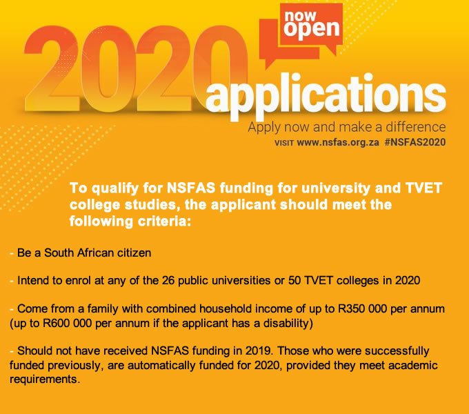 Applications for the NSFAS funding of the 2020 academic year are now open